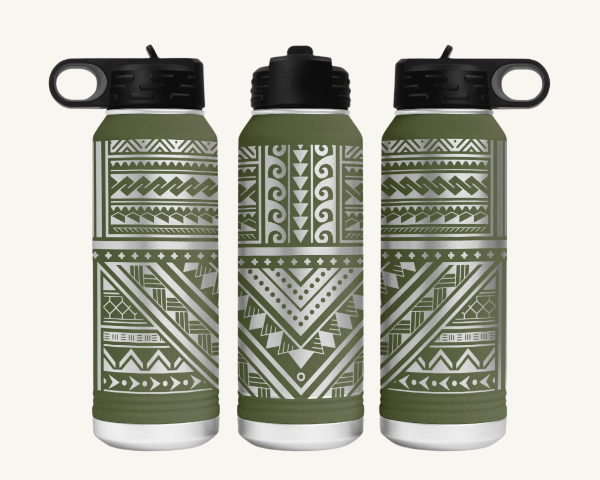 A 32oz polar camel water bottle with a full wrap Polynesian tribal design.