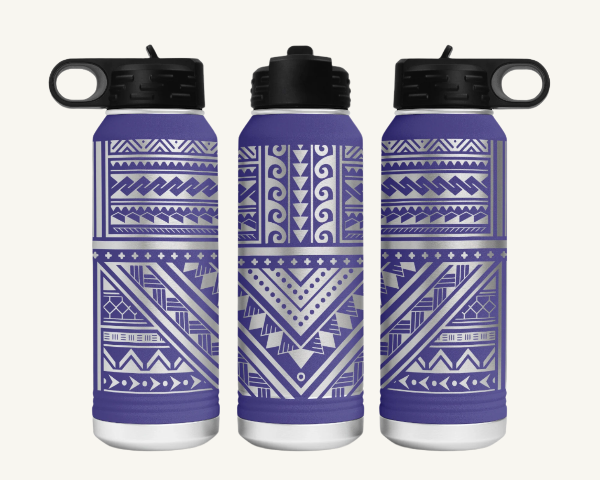 A 32oz polar camel water bottle with a full wrap Polynesian tribal design.
