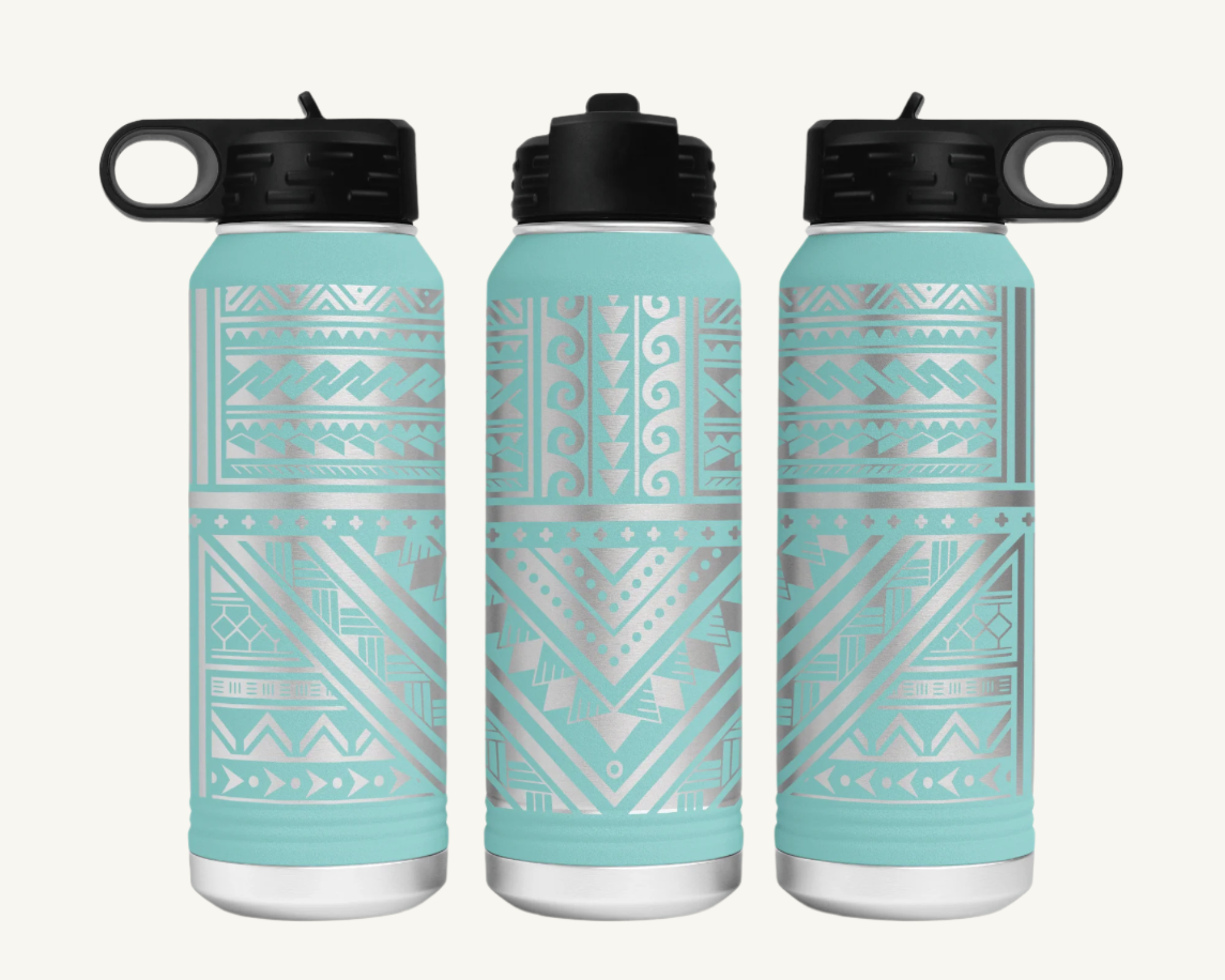 A 32oz polar camel water bottle with a full wrap Polynesian tribal design.