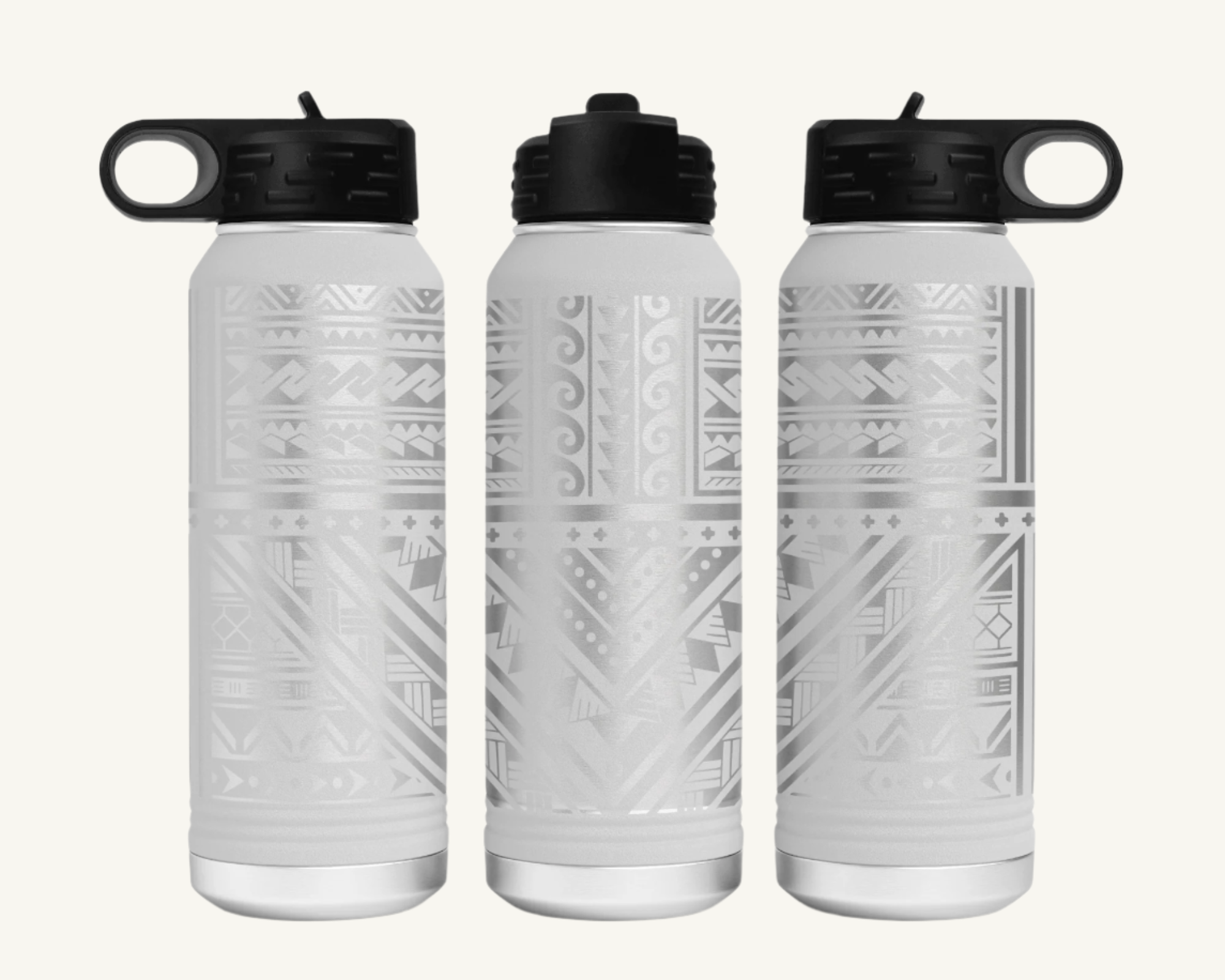 A 32oz polar camel water bottle with a full wrap Polynesian tribal design.