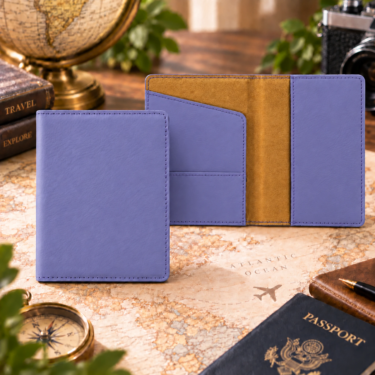 Custom laser engraved leatherette passport holder in Purple