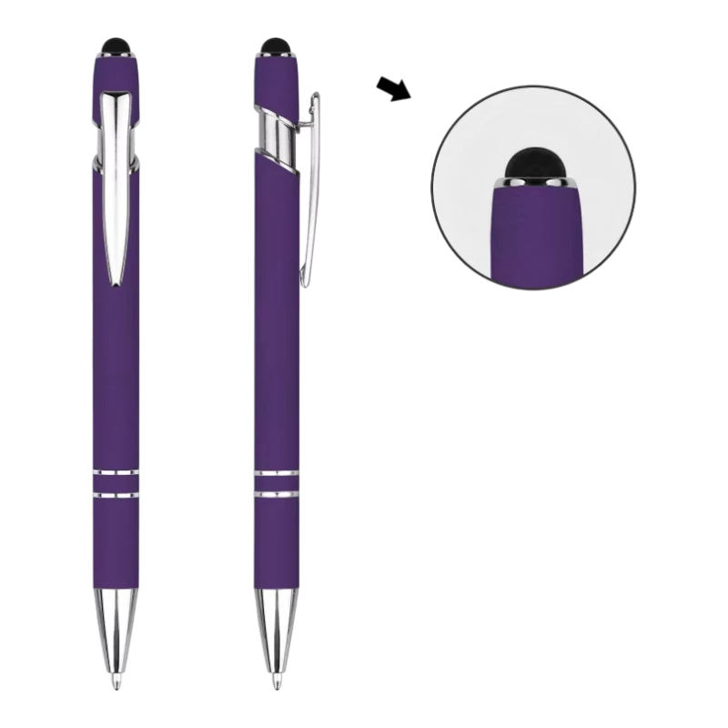 Purple soft touch stylus pens with silver trim