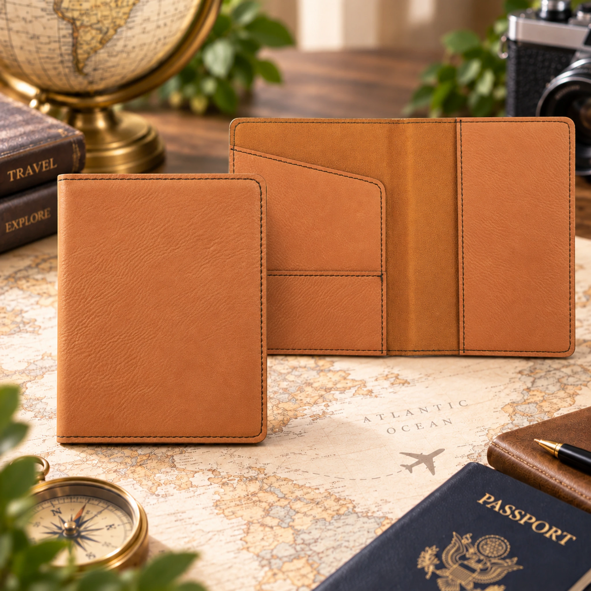 Custom laser engraved leatherette passport holder in Rawhide