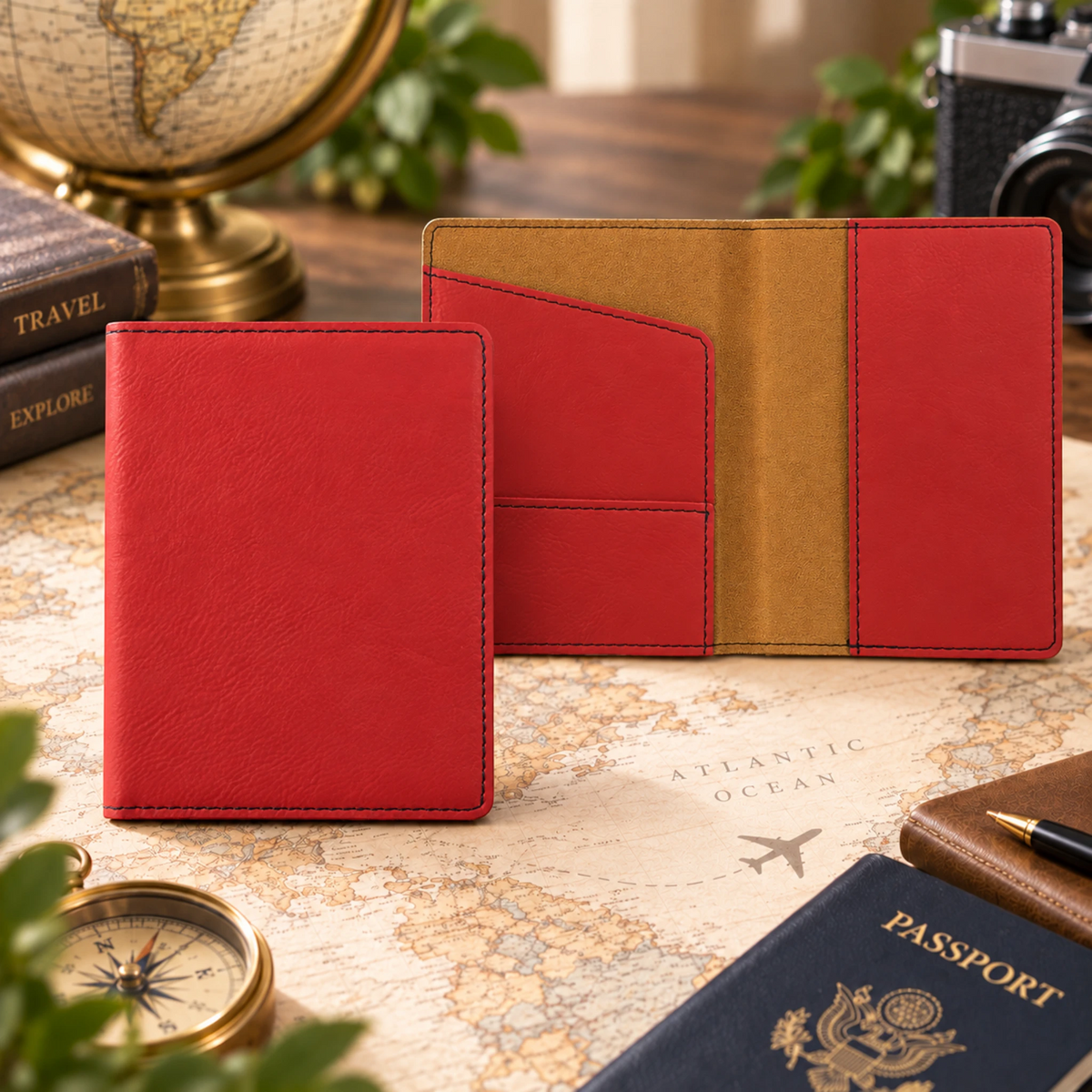 Custom laser engraved leatherette passport holder in Red