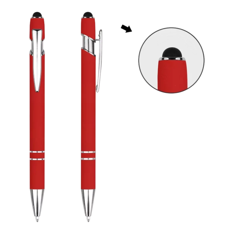 Red soft touch stylus pens with silver trim