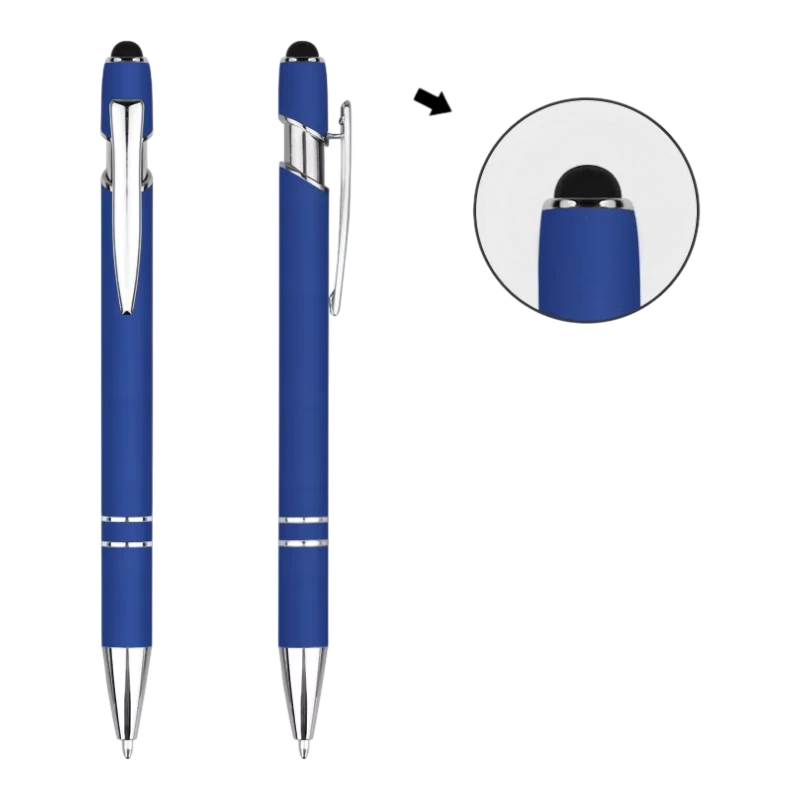 Royal Blue soft touch stylus pens with silver trim