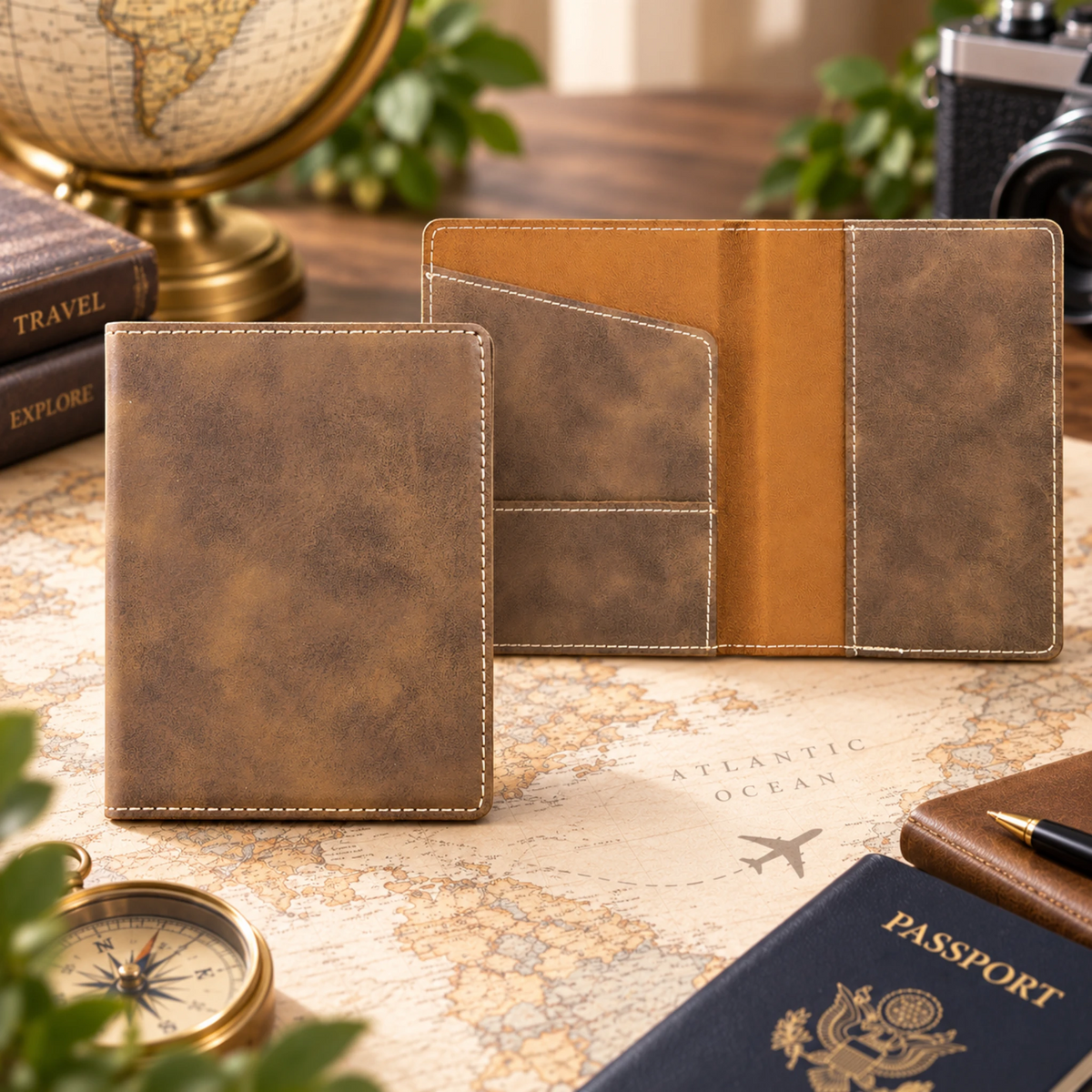 Custom laser engraved leatherette passport holder in Rustic/Gold