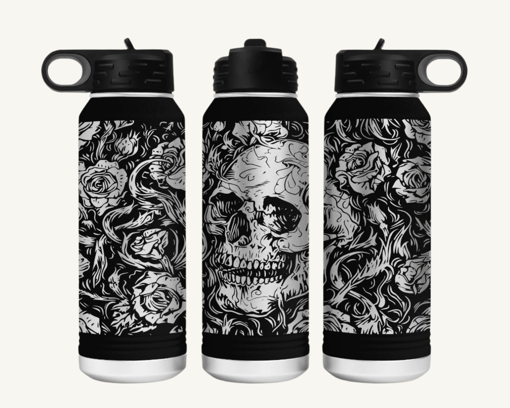 A 32oz polar camel water bottle with a full wrap skulls and roses design.