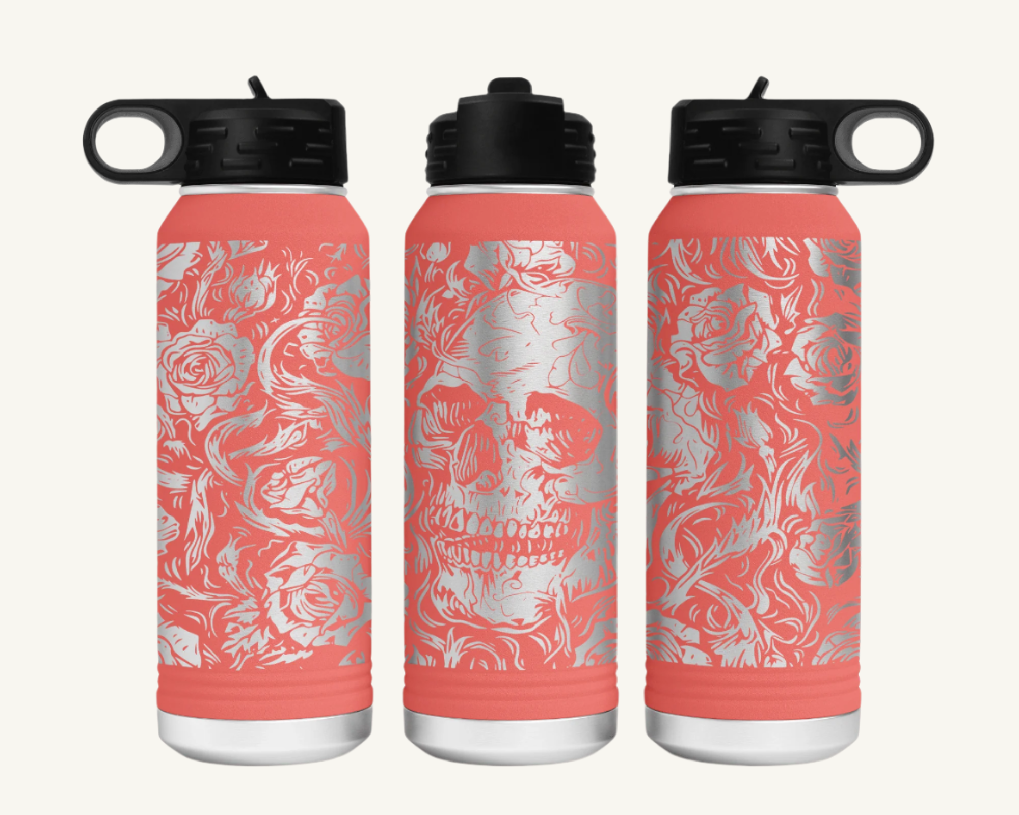 A 32oz polar camel water bottle with a full wrap skulls and roses design.