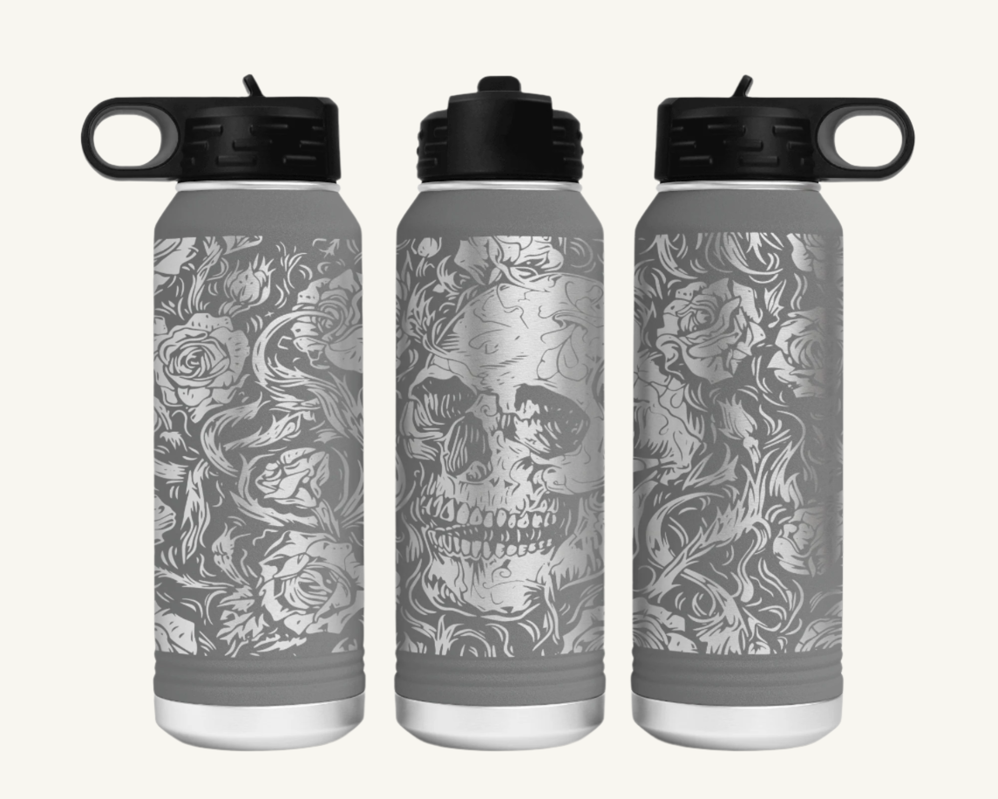 A 32oz polar camel water bottle with a full wrap skulls and roses design.