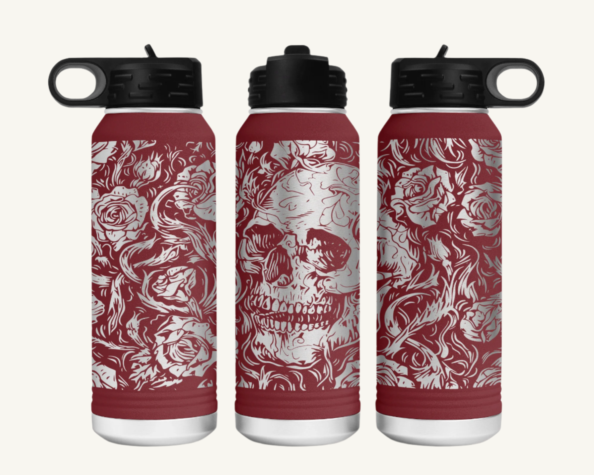 A 32oz polar camel water bottle with a full wrap skulls and roses design.