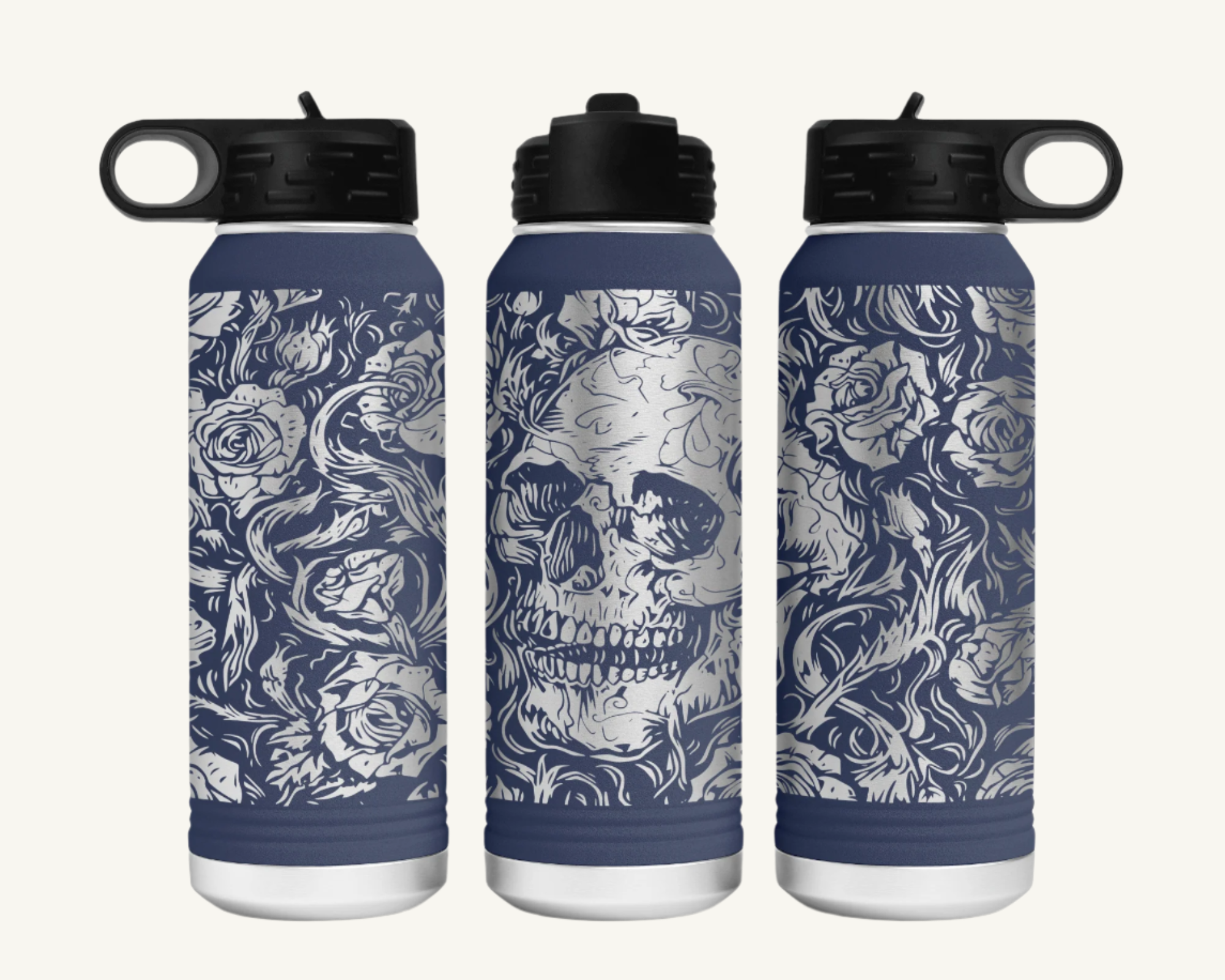 A 32oz polar camel water bottle with a full wrap skulls and roses design.
