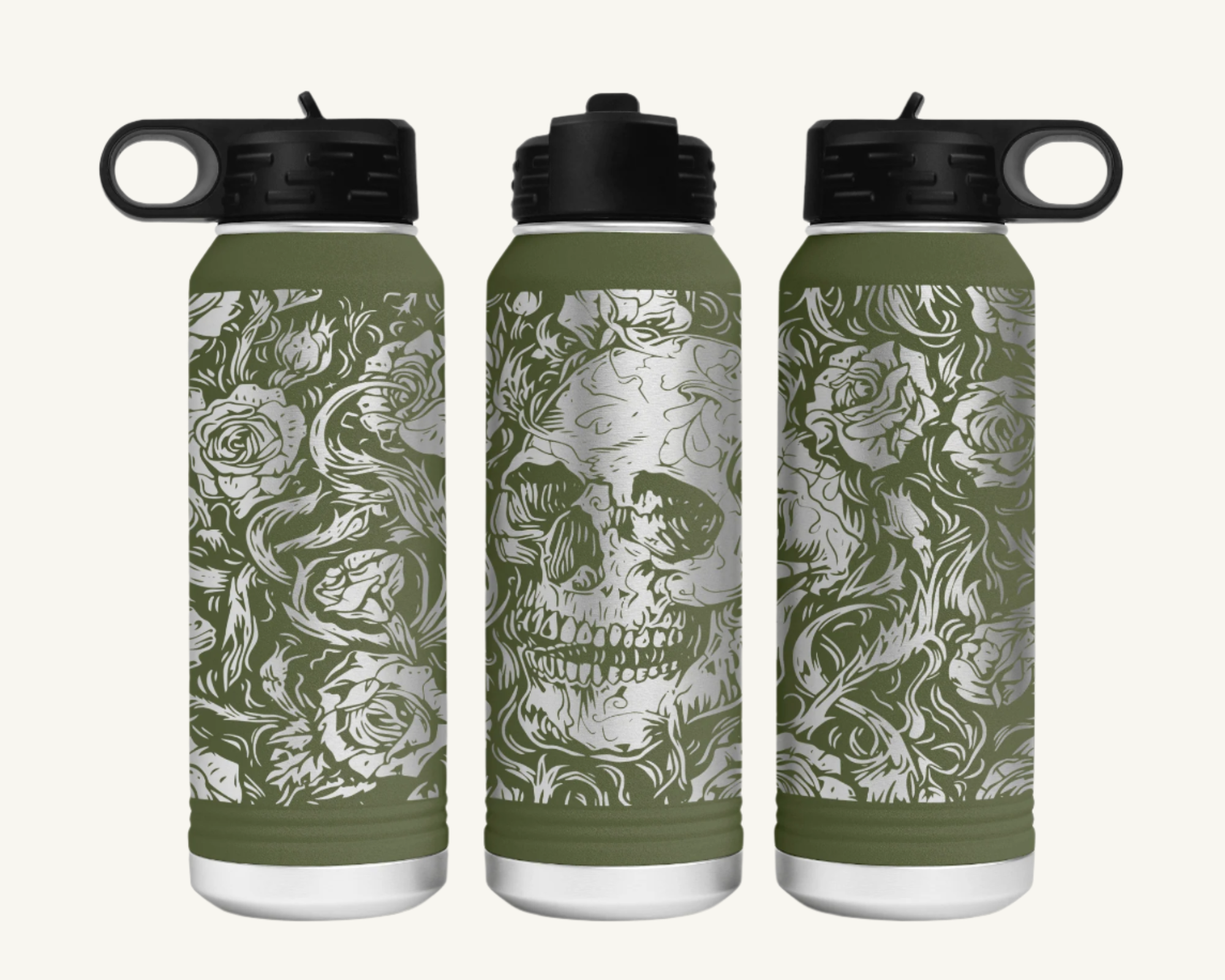A 32oz polar camel water bottle with a full wrap skulls and roses design.