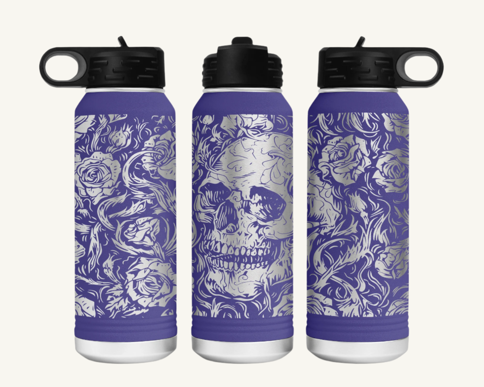 A 32oz polar camel water bottle with a full wrap skulls and roses design.