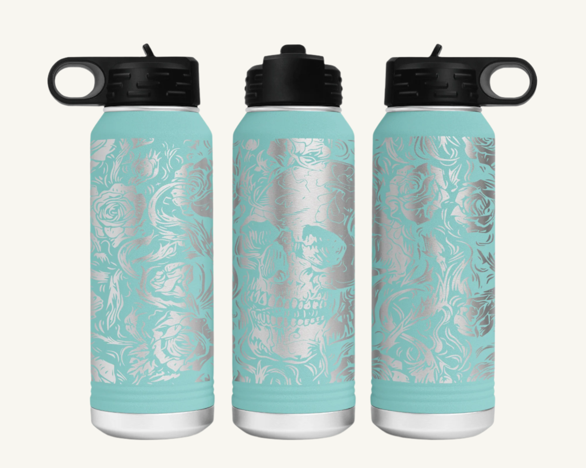 A 32oz polar camel water bottle with a full wrap skulls and roses design.