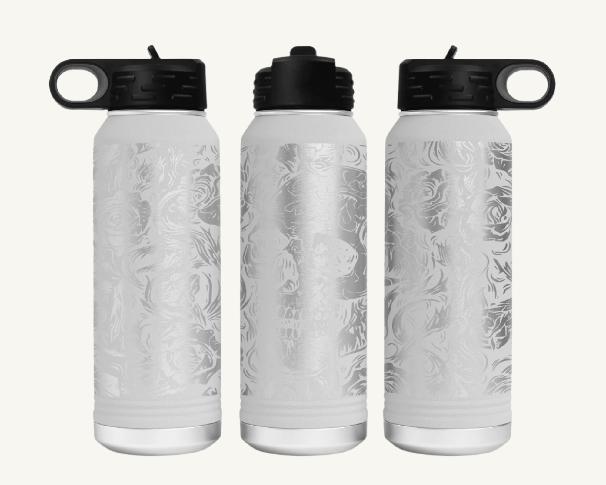 A 32oz polar camel water bottle with a full wrap skulls and roses design.