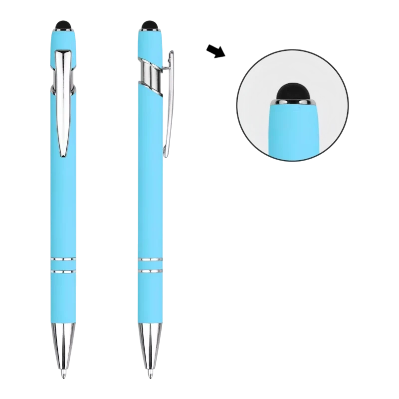 Sky Blue soft touch stylus pens with silver trim