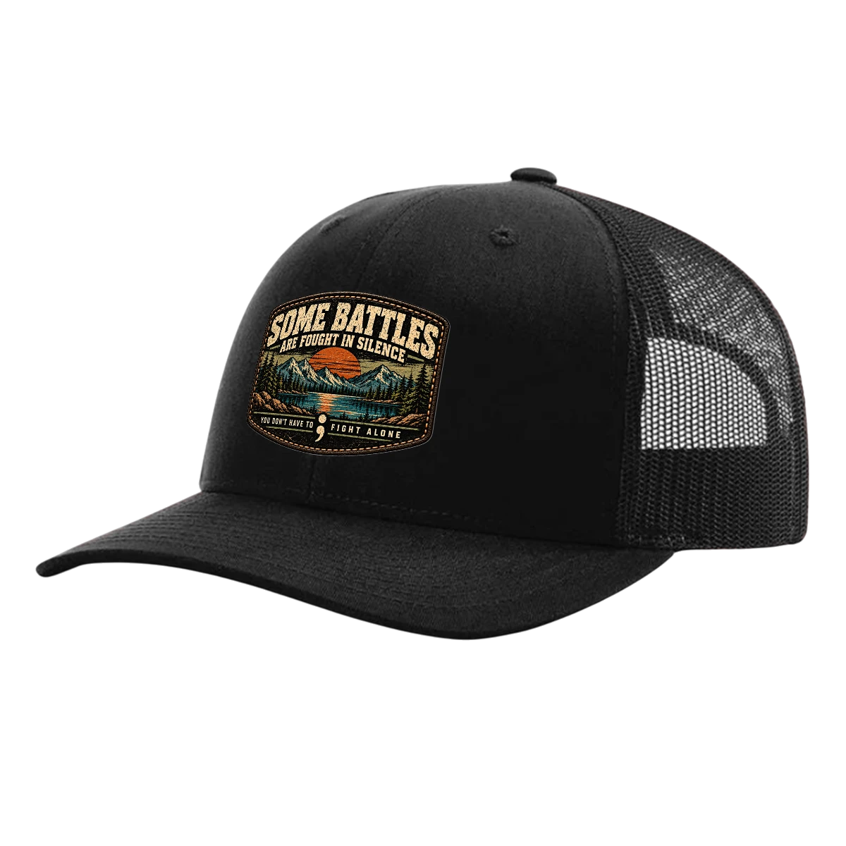Black Richardson 112 trucker hat with Some Battles Are Fought in Silence semicolon mental health awareness patch