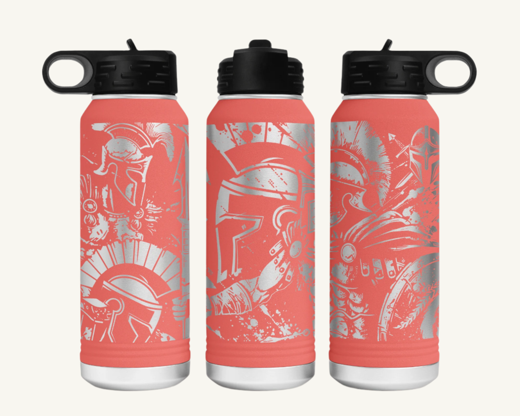 A 32oz water bottle with a full wrap design featuring a Spartan warrior.