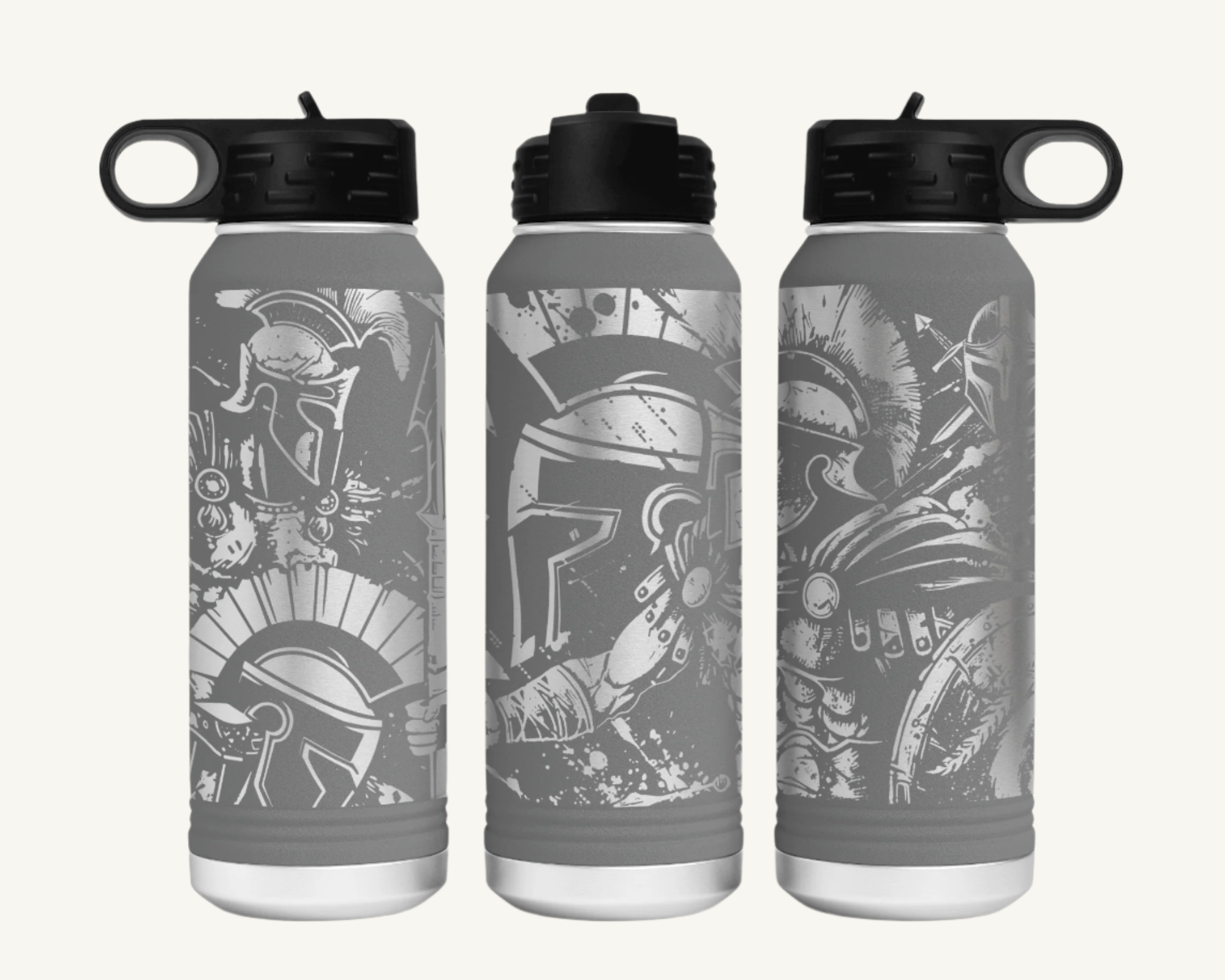 A 32oz water bottle with a full wrap design featuring a Spartan warrior.