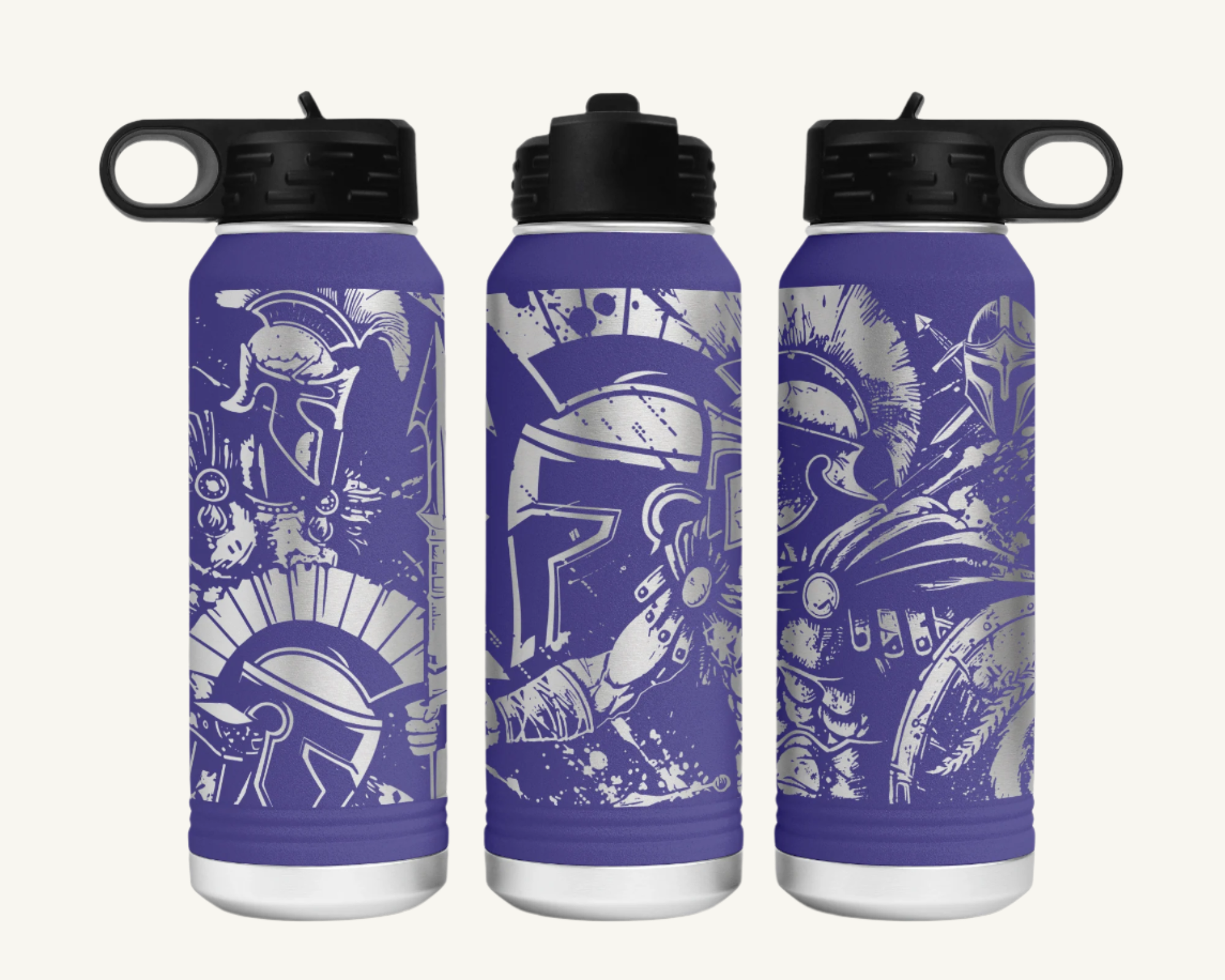 A 32oz water bottle with a full wrap design featuring a Spartan warrior.