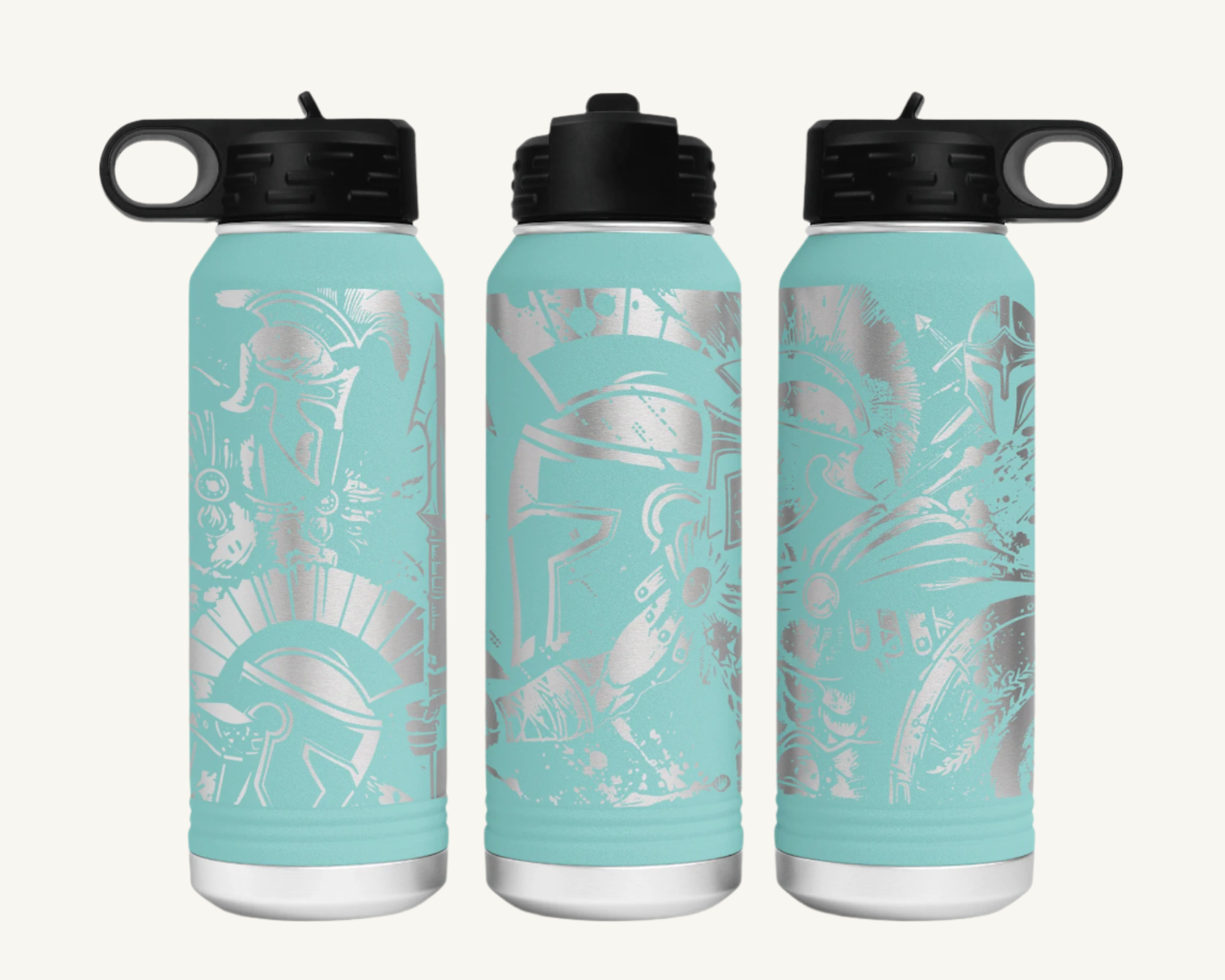 A 32oz water bottle with a full wrap design featuring a Spartan warrior.