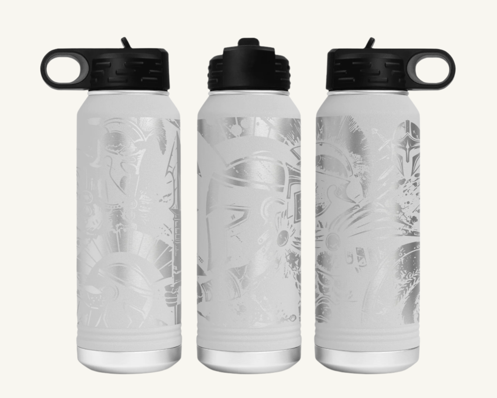 A 32oz water bottle with a full wrap design featuring a Spartan warrior.