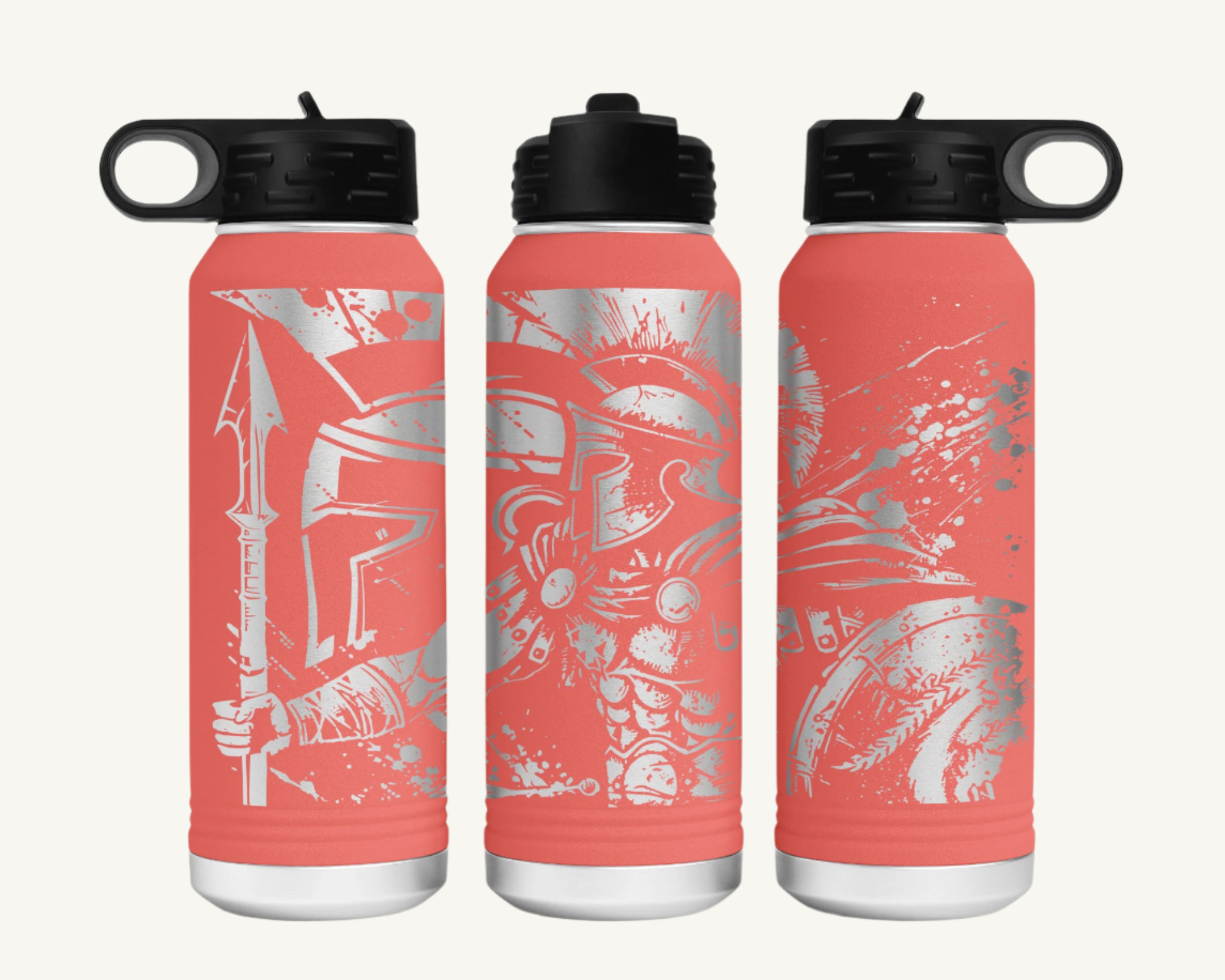 A 32oz water bottle with a full wrap design featuring a Spartan warrior.