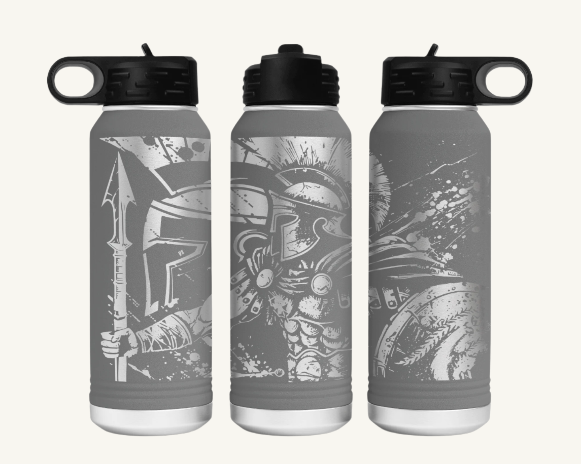 A 32oz water bottle with a full wrap design featuring a Spartan warrior.