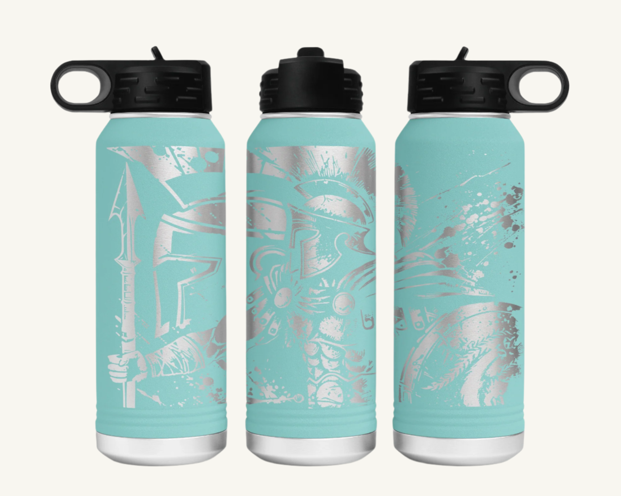 A 32oz water bottle with a full wrap design featuring a Spartan warrior.