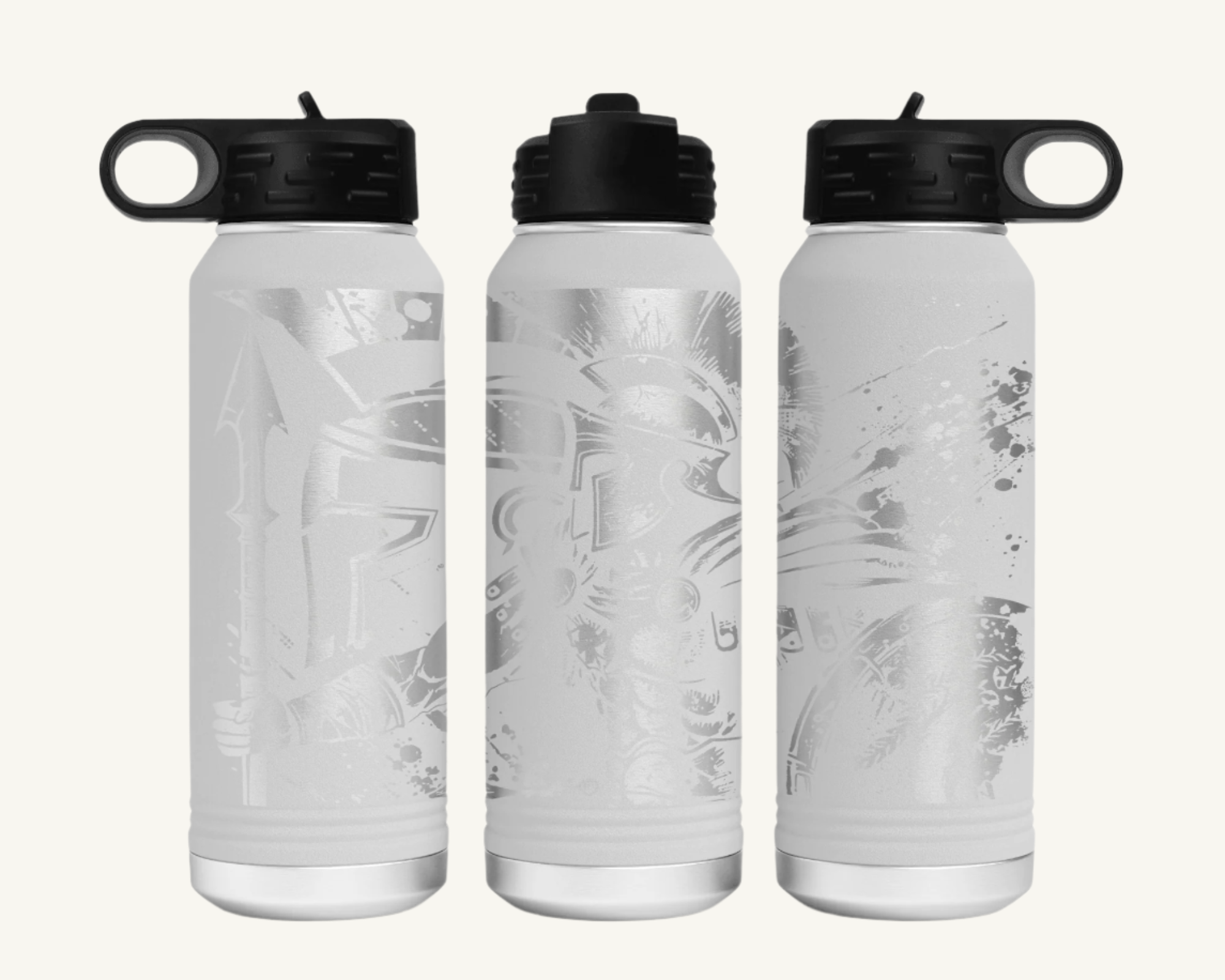 A 32oz water bottle with a full wrap design featuring a Spartan warrior.