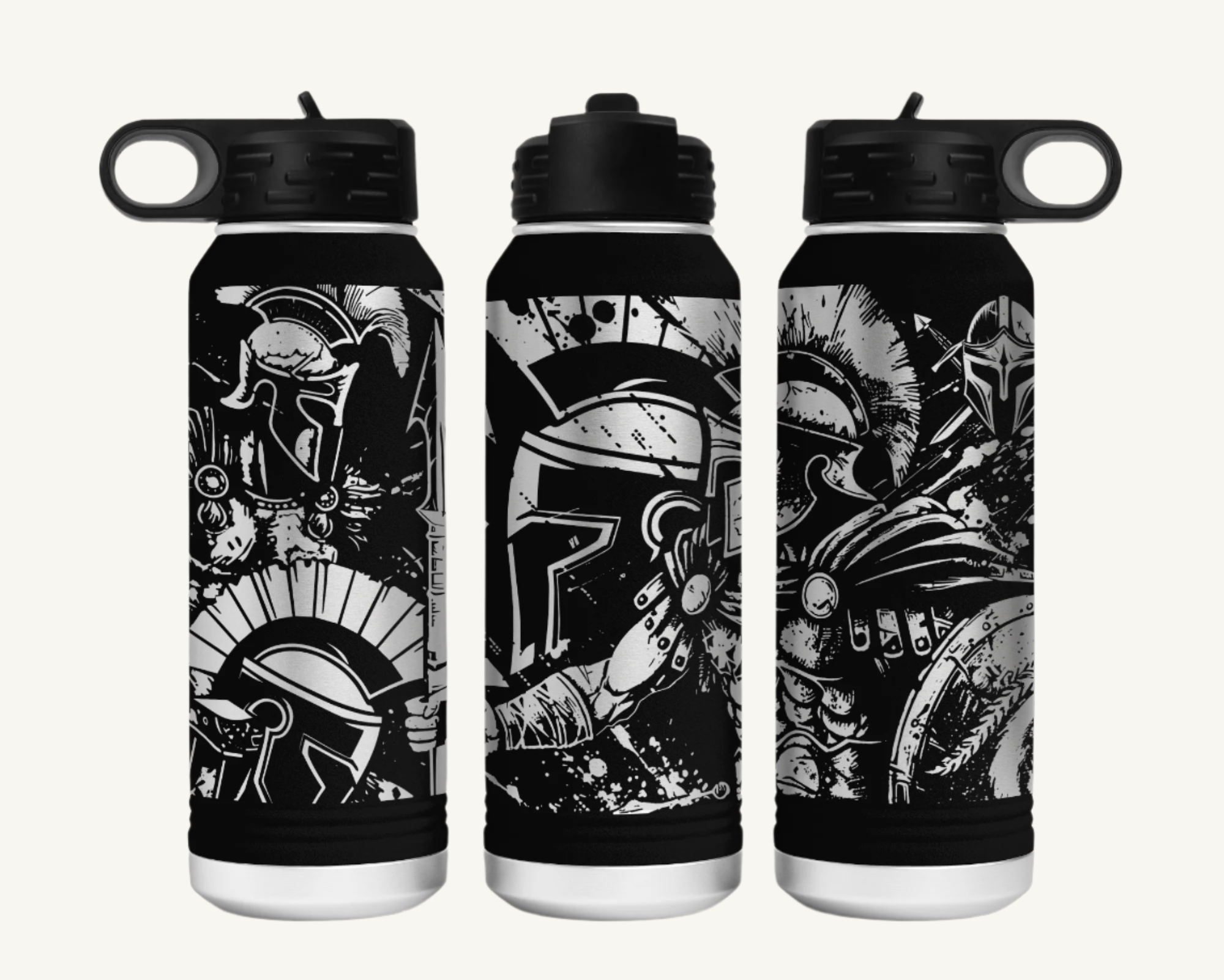 A 32oz water bottle with a full wrap design featuring a Spartan warrior.