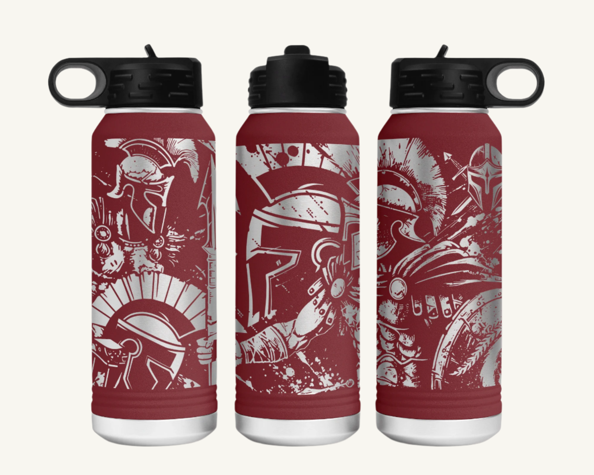 A 32oz water bottle with a full wrap design featuring a Spartan warrior.