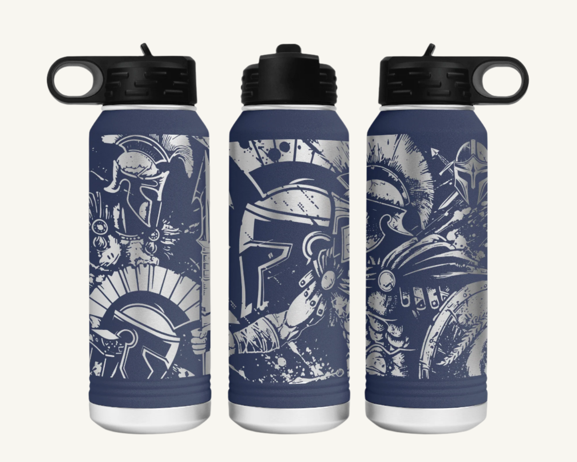 A 32oz water bottle with a full wrap design featuring a Spartan warrior.