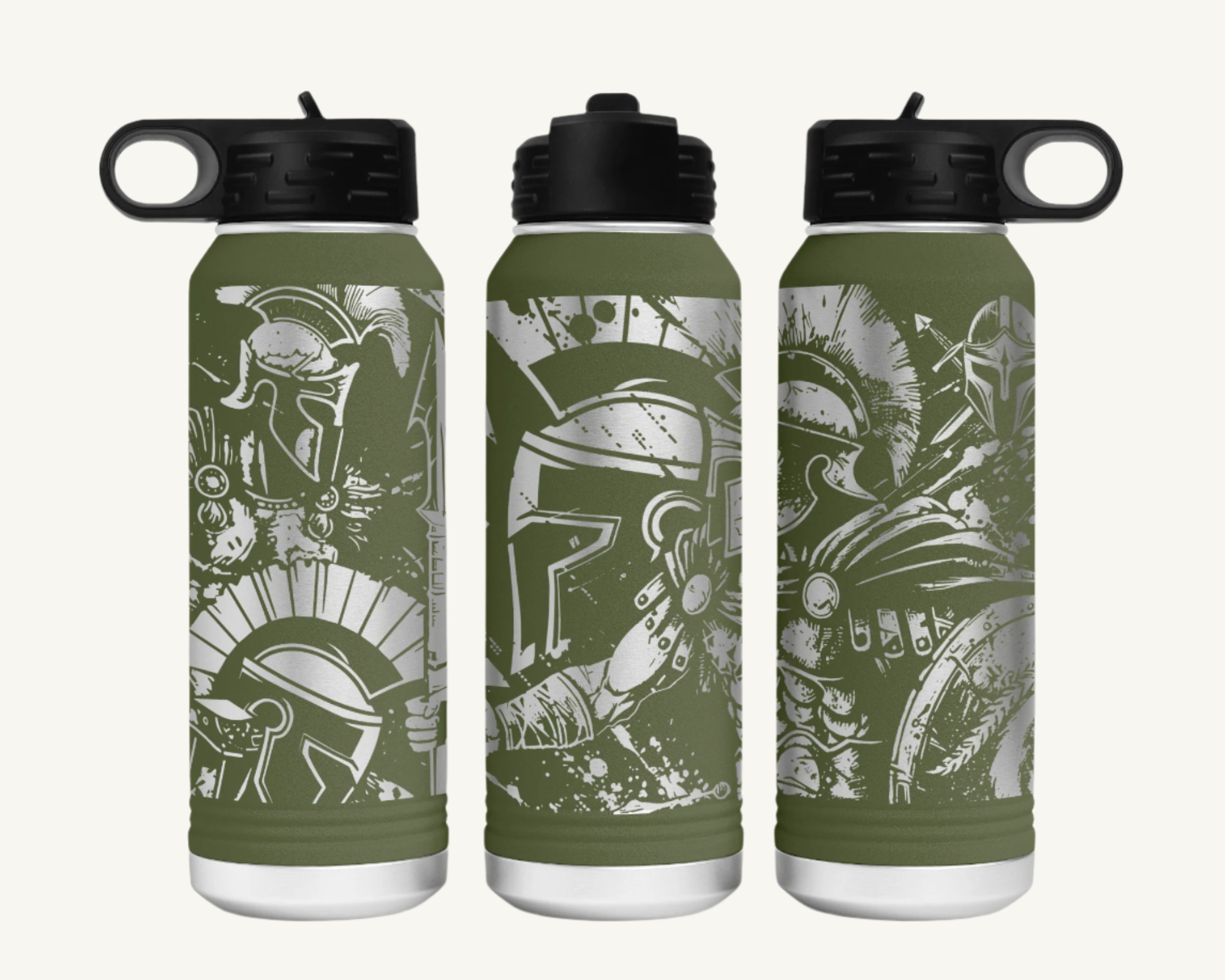 A 32oz water bottle with a full wrap design featuring a Spartan warrior.