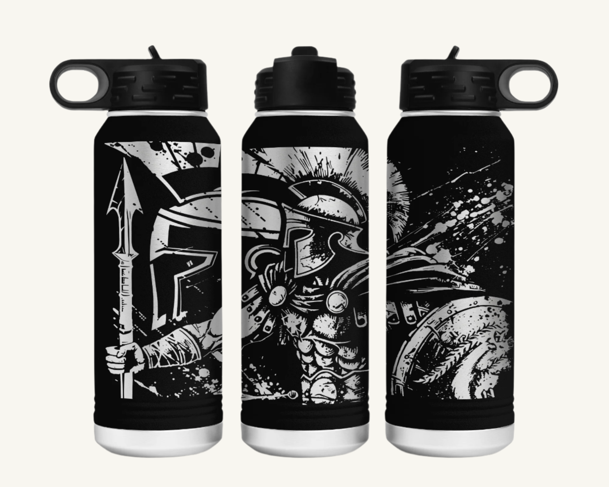 A 32oz water bottle with a full wrap design featuring a Spartan warrior.