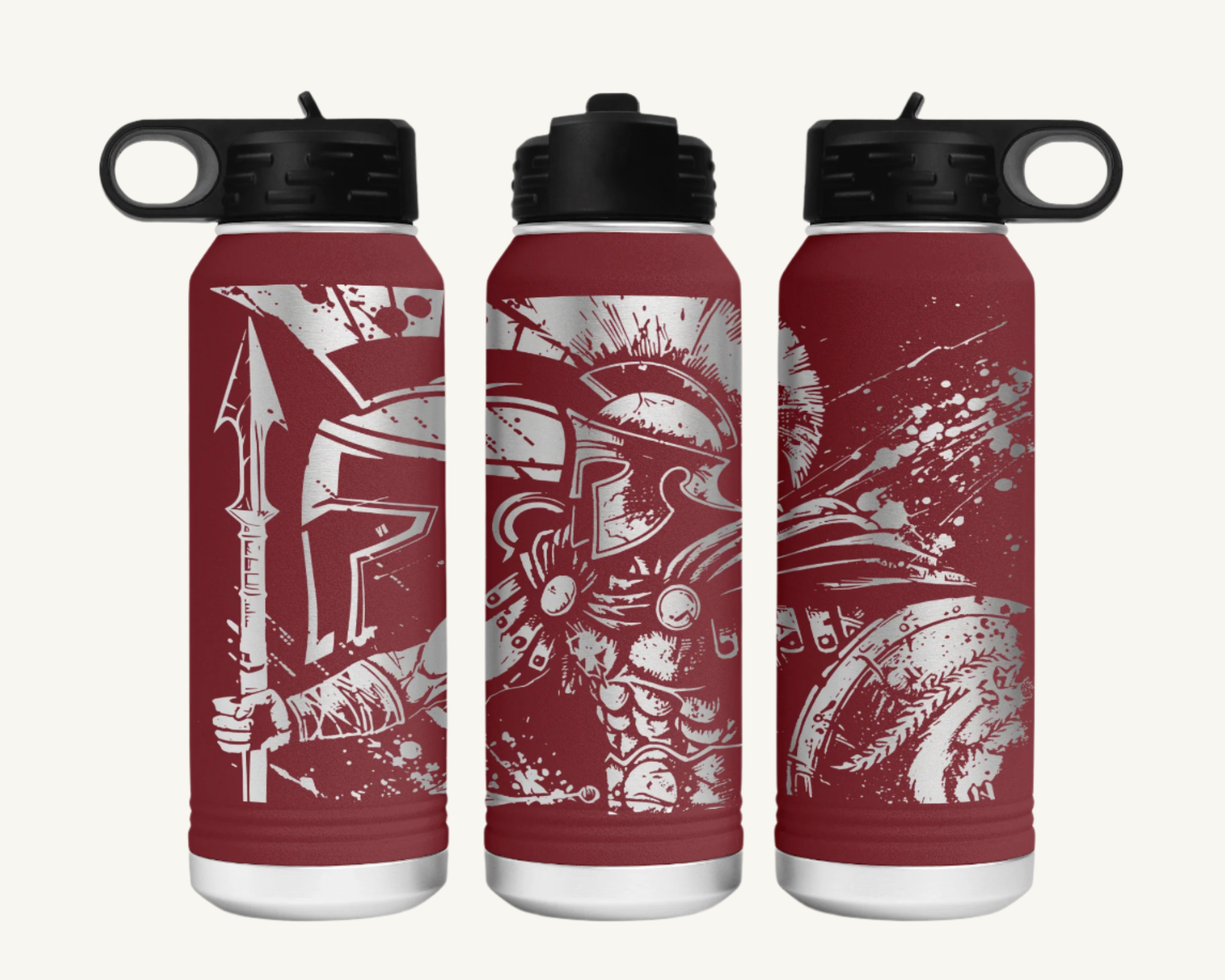 A 32oz water bottle with a full wrap design featuring a Spartan warrior.