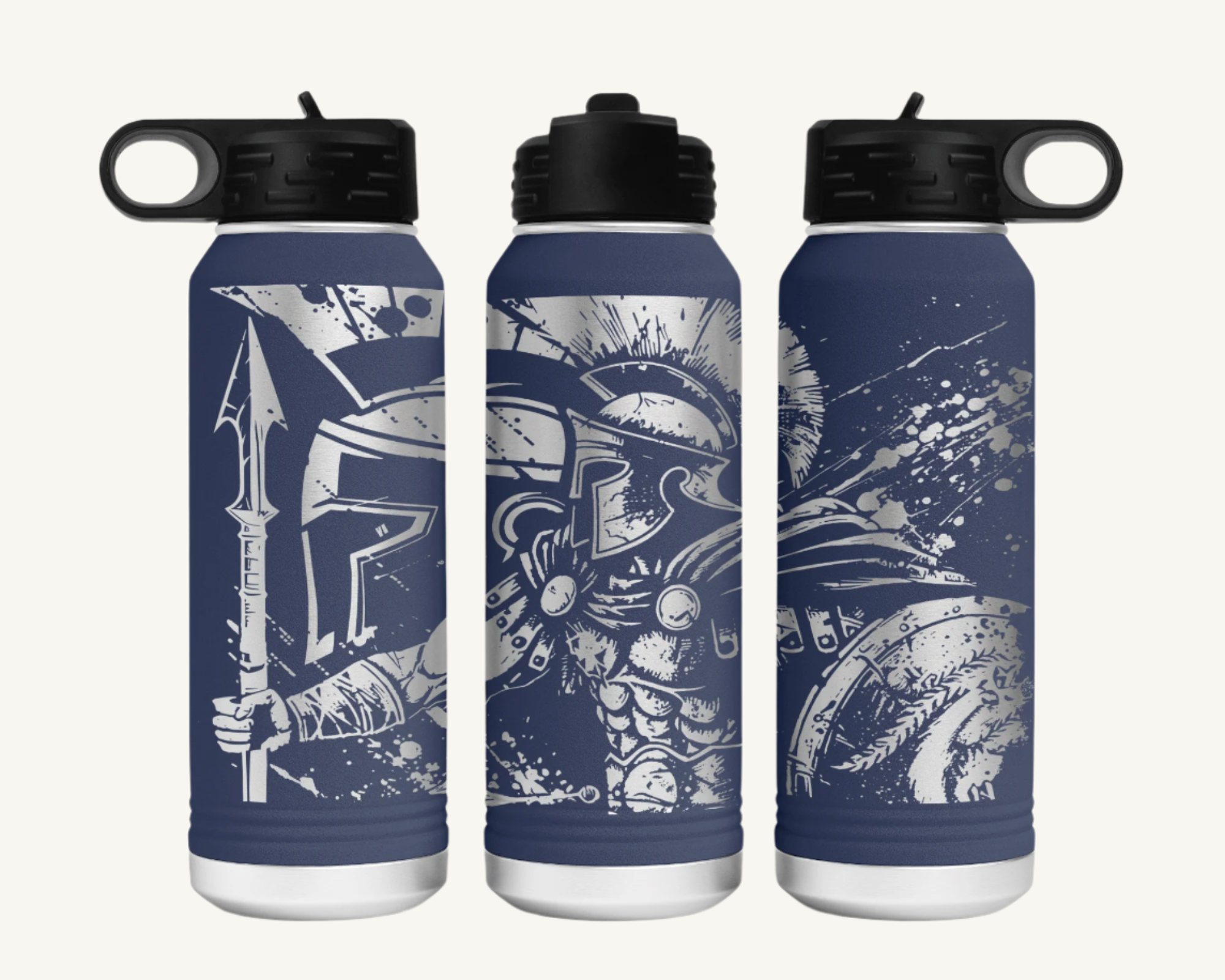 A 32oz water bottle with a full wrap design featuring a Spartan warrior.