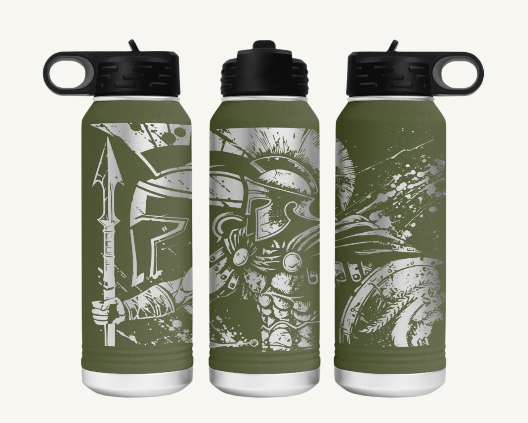 A 32oz water bottle with a full wrap design featuring a Spartan warrior.