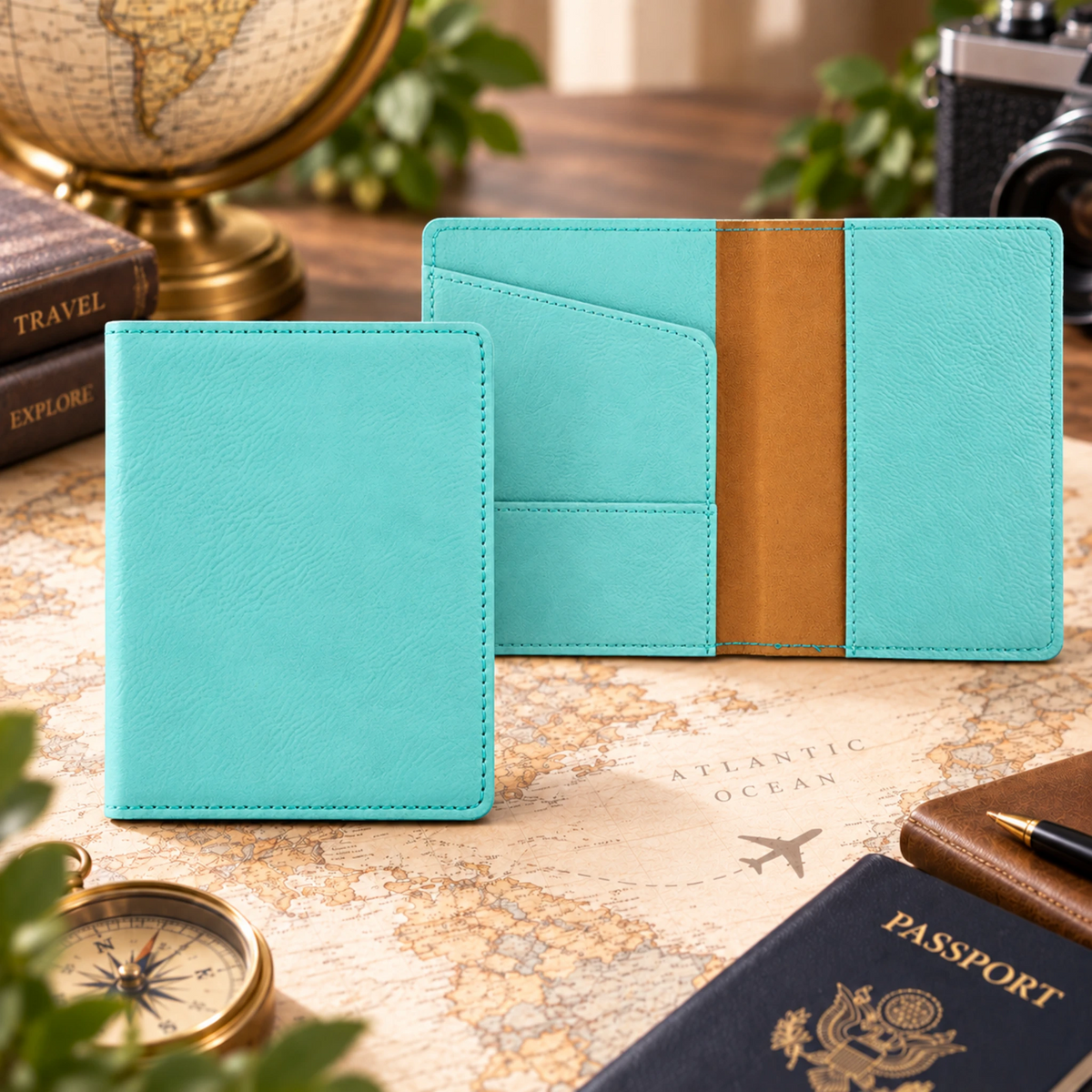 Custom laser engraved leatherette passport holder in Teal
