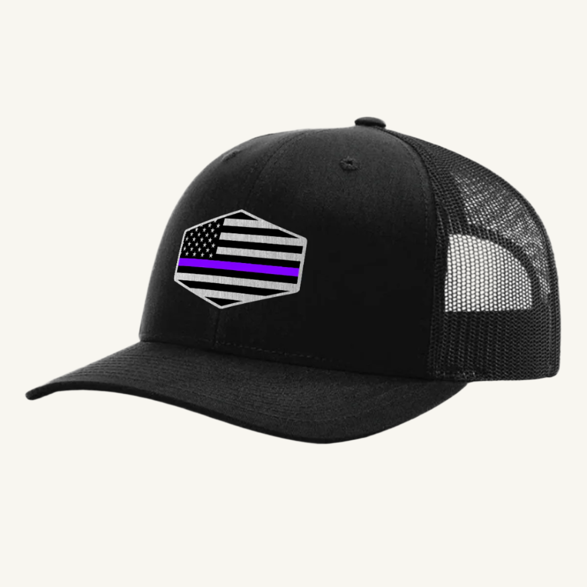 A black trucker hat with an acrylic patch on the front featuring the Thin Purple Line American Flag.