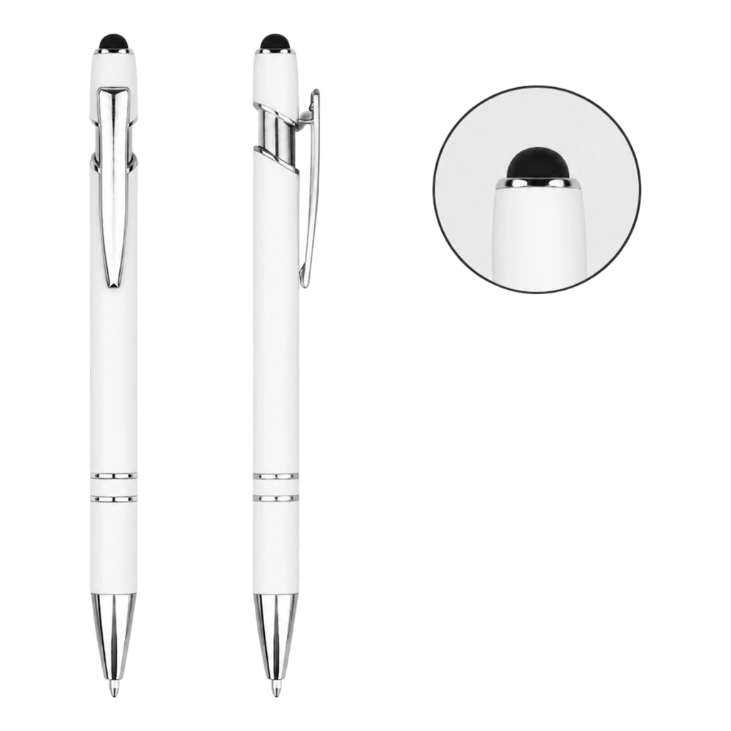 White soft touch stylus pens with silver trim
