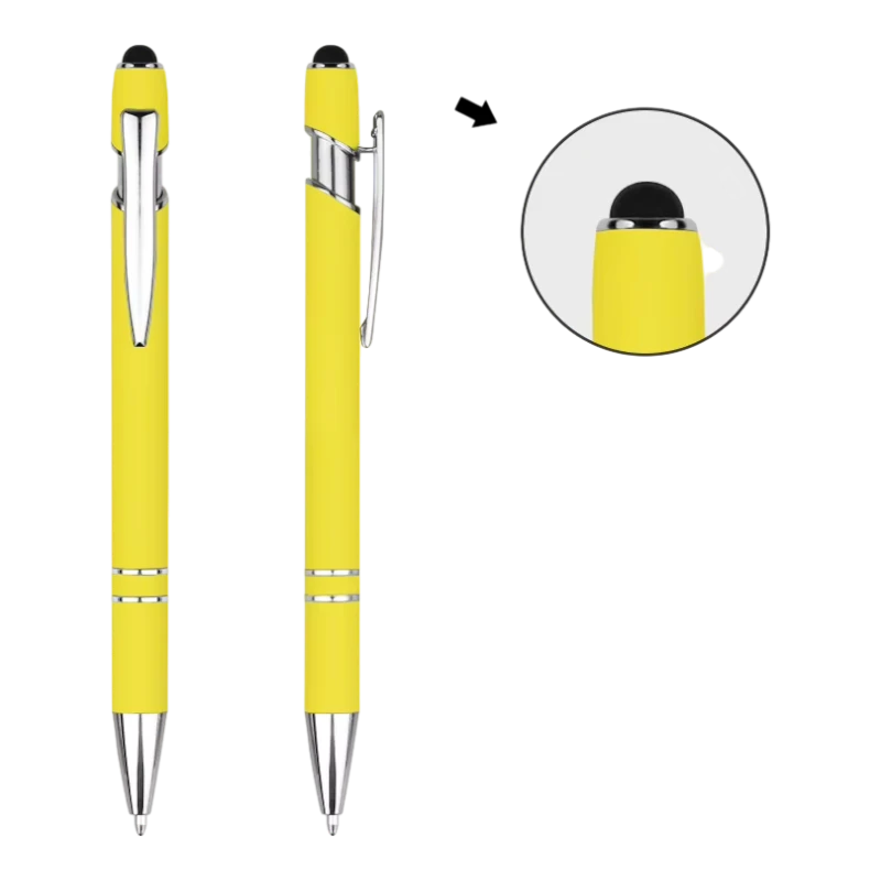 Yellow soft touch stylus pens with silver trim
