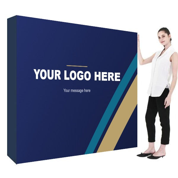 10 ft straight fabric pop up display with a navy custom printed graphic and end caps