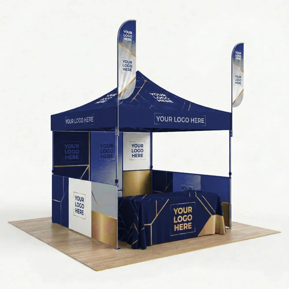 Custom printed 10x10 canopy tent with full back wall and half side walls, shown with optional flags and table throw
