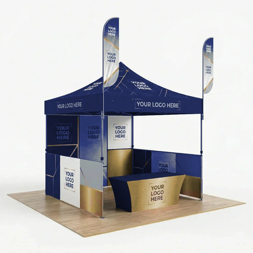 Custom 10x10 canopy tent booth shown with optional back wall, half side walls, feather flags and table cover