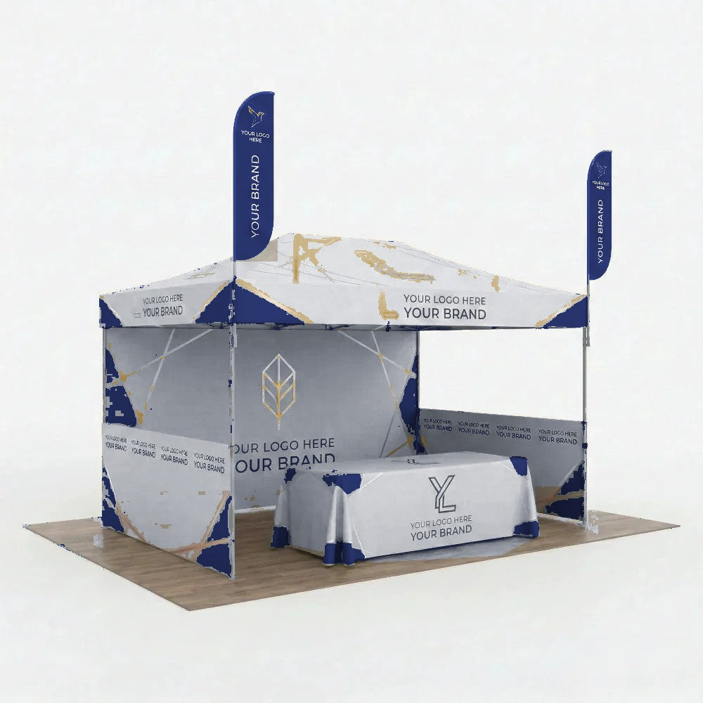 Custom printed 10x15 canopy tent with full back wall and half side walls, shown with optional flags and table throw