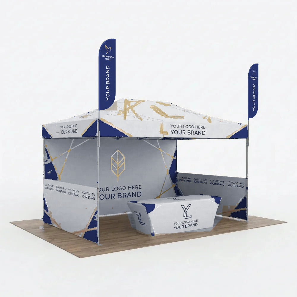 Custom 10x15 canopy tent booth shown with optional back wall, half side walls, feather flags and table cover