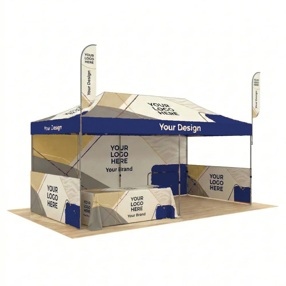 Custom printed 10x20 canopy tent with full back wall and half side walls, shown with optional flags and table throw