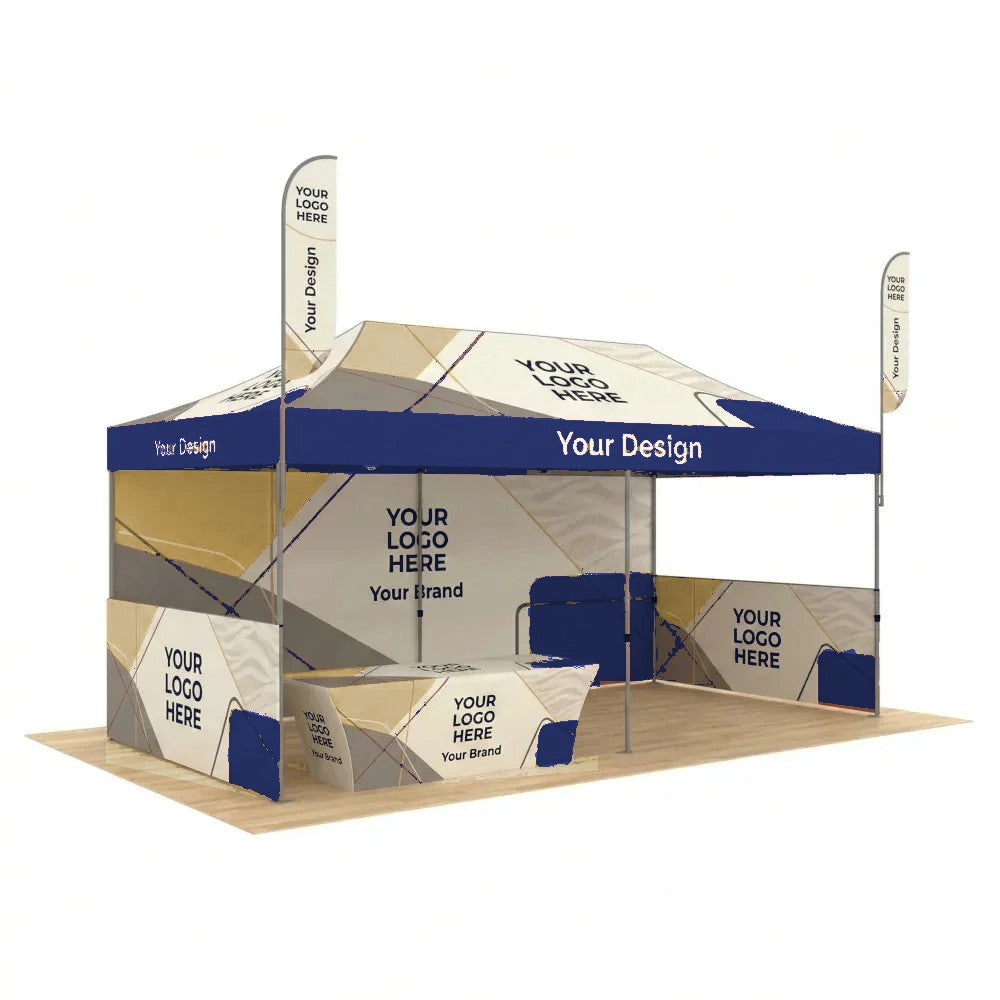 Custom 10x20 canopy tent booth shown with optional back wall, half side walls, feather flags and table cover